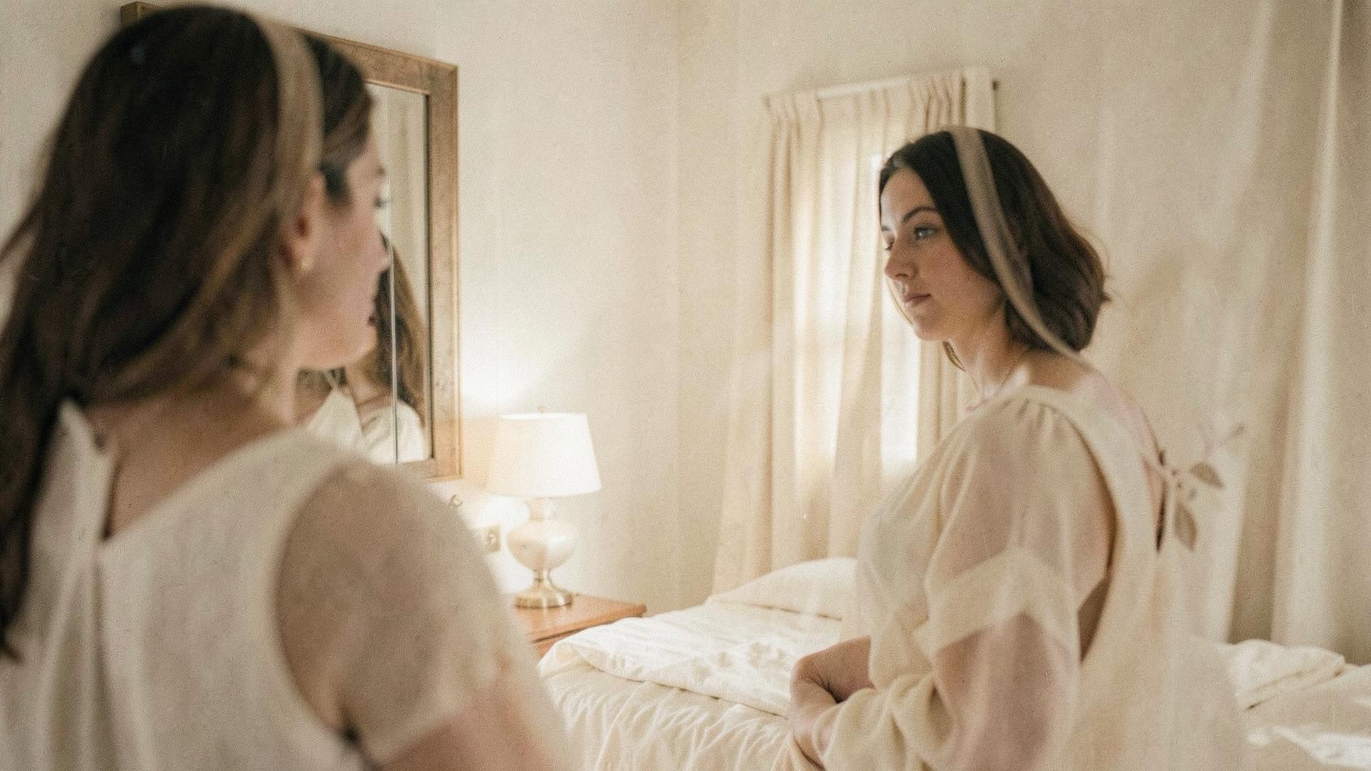 A woman catching her reflection in a softly lit bedroom mirror